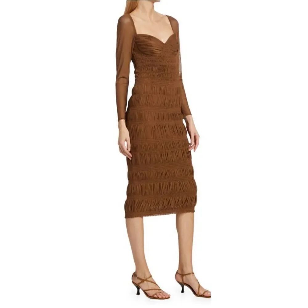 SELF-PORTRAIT Shirred Long Sleeve Midi-Dress in Caramel NWT Size 2